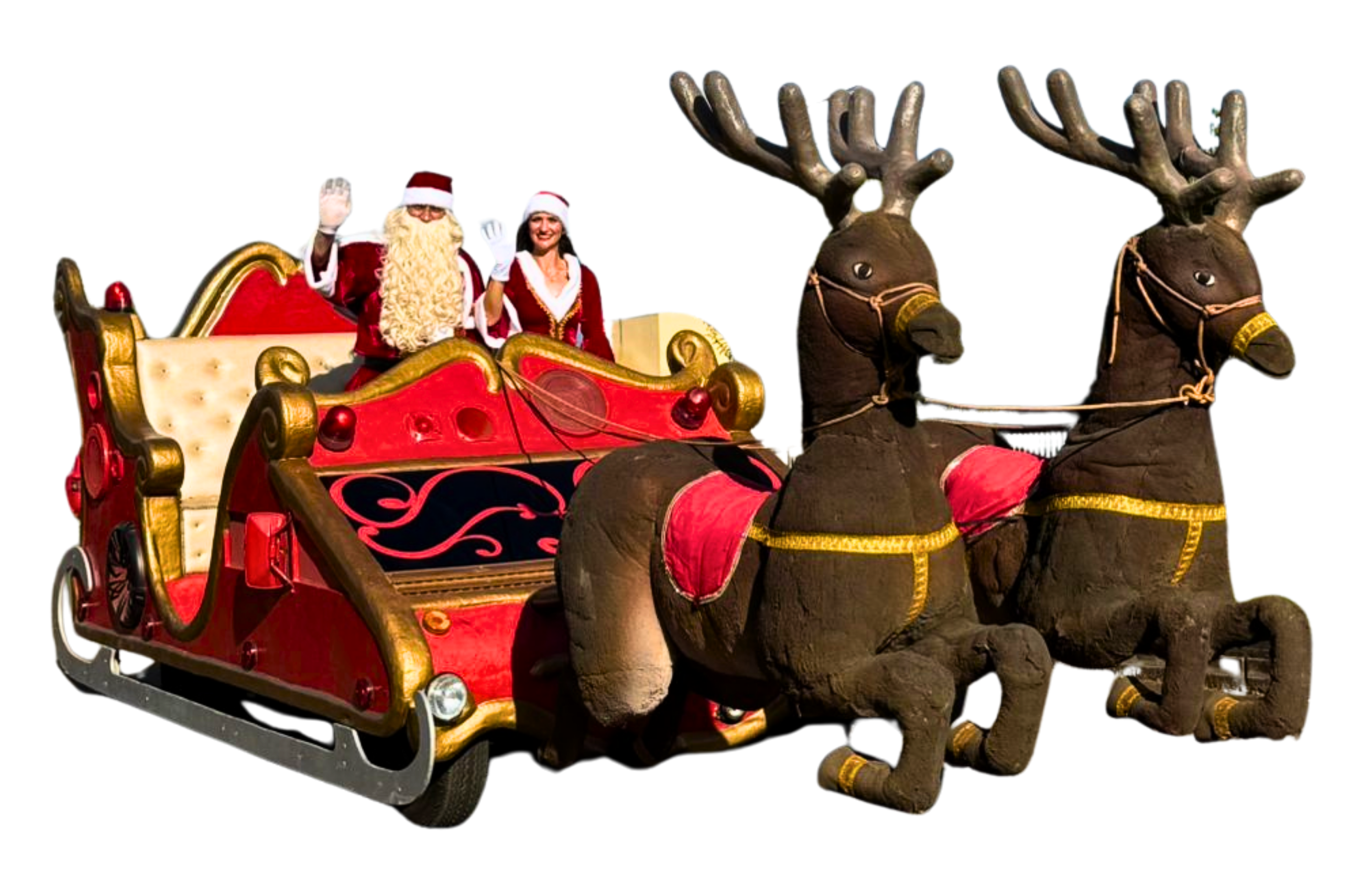 Papai Noel e Mamãe Noel no trenó com renas
